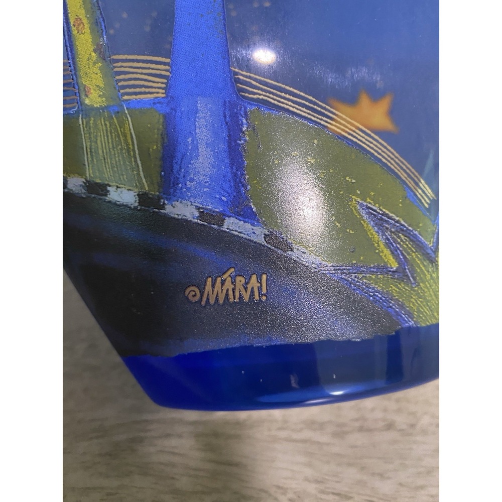 Celestial Whimsigoth Blue Art Glass Vase Signed Mára Moon Sun Dove Star Decor - Picture 5 of 7